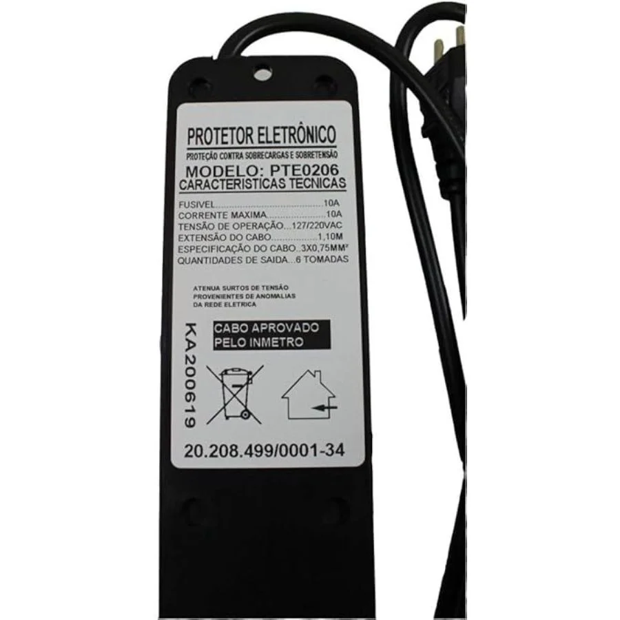 Imagem 3 de 3 do produto Filtro De Linha NTC PTE0206, 6 Tomadas, 10Ah, Cabo 1.1 Metros, Preto