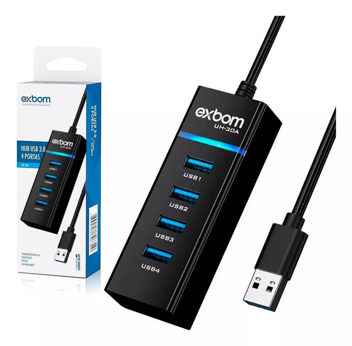 HUB USB 3.0 4 Portas, Com LED 5GB/s, Exbom, Branco - Uh-30a