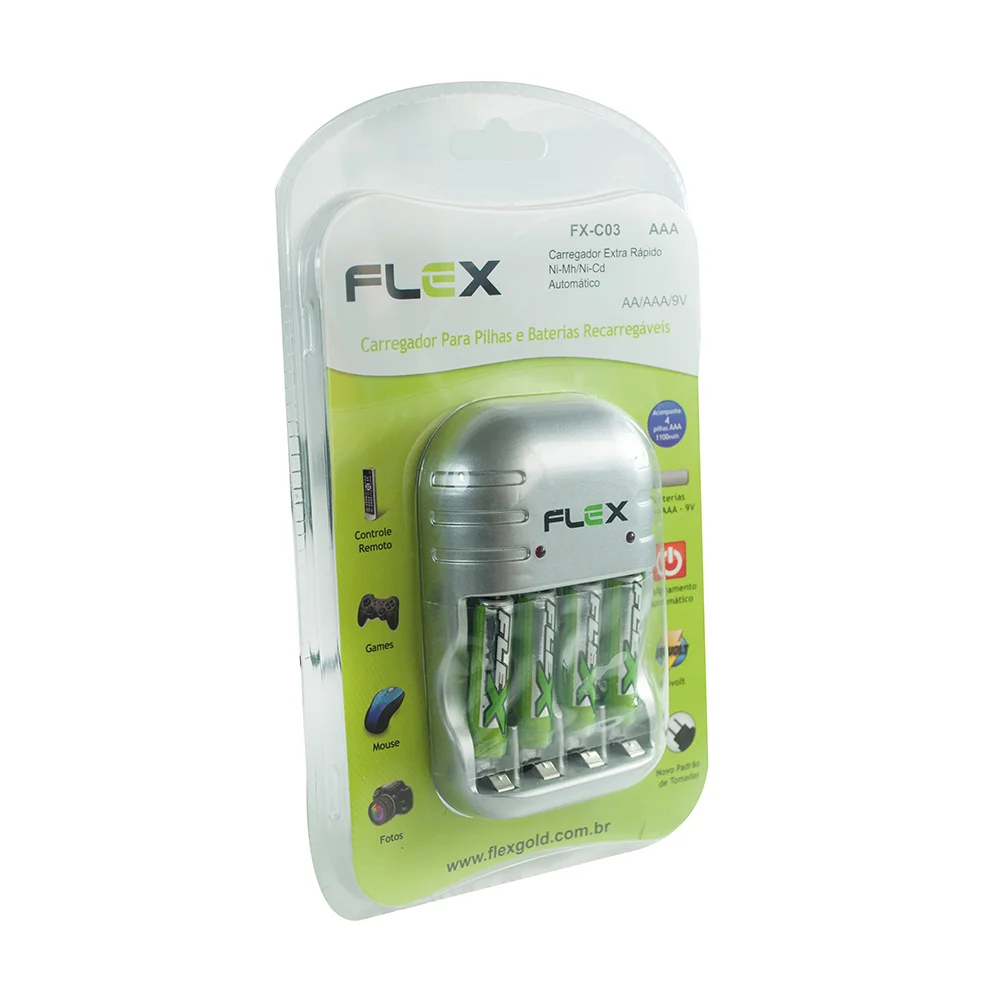 Imagem 2 de 5 do produto Carregador De Pilha Flex Para 4 Pilhas A. Stop Com Inmetro