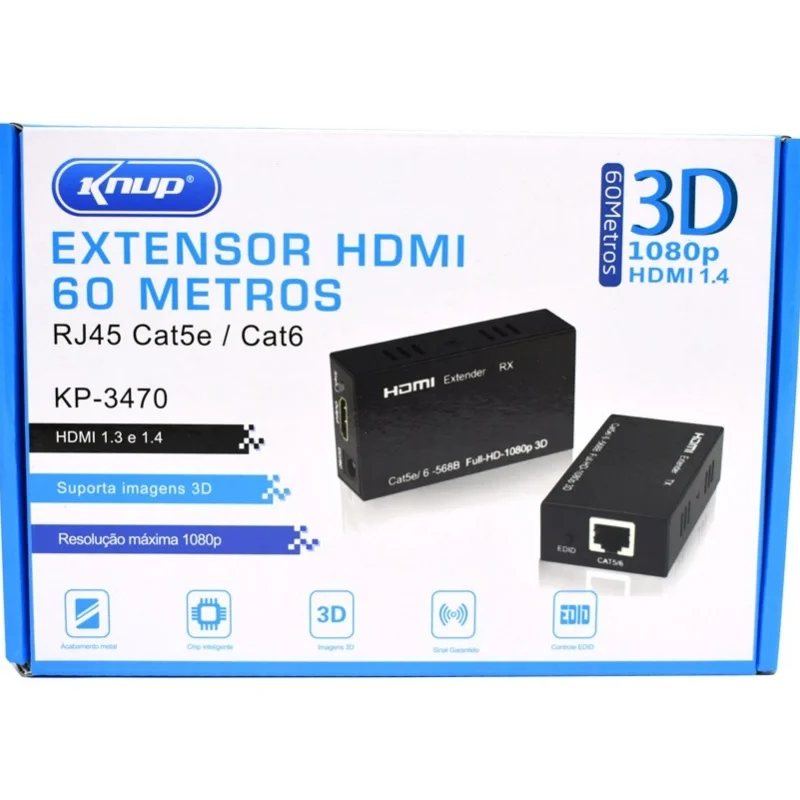 Extensor Hdmi Até 60 Metros Tv 3d Cabo Utp Rede Rj45 Cat5e Kp-3470 Com 2 Fontes