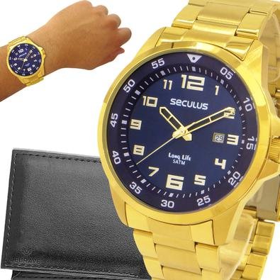 Relógio Masculino Seculus Dourado Cinza Original e Carteira | KaBuM!