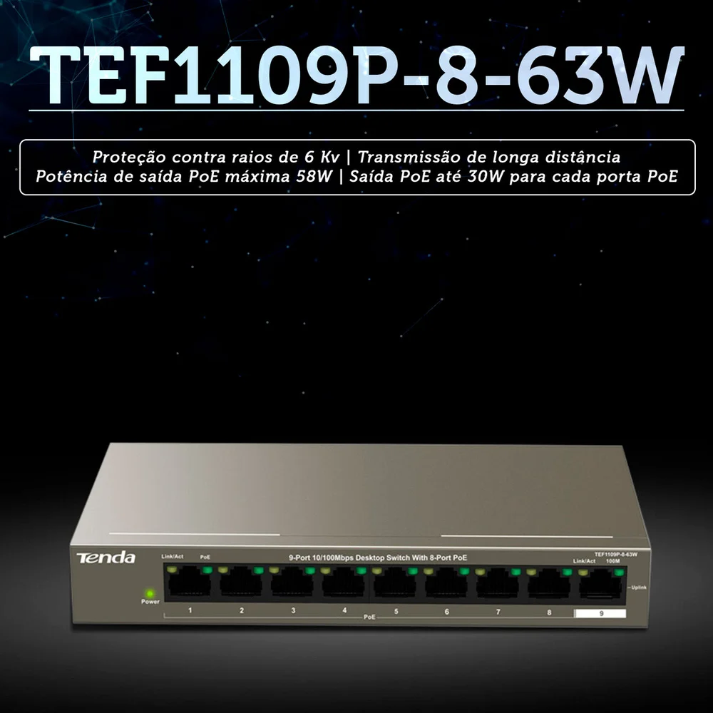 1 Switch 9 Portas 10100Mbps Tenda TEF1109P863W