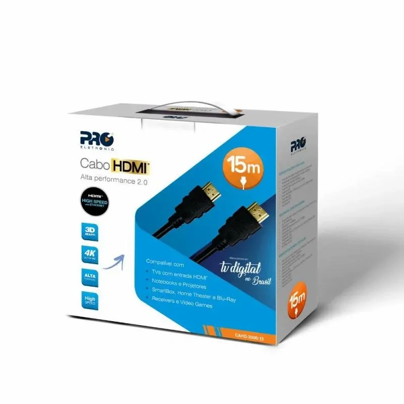 Imagem 4 de 5 do produto Cabo HDMI Pro Eletronic, 15M, Versão 2.0, Full HD 4K, 3D, Ready Pro Eletronic - CAHD-2000/15