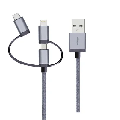 Cabo 3 Em 1 Lightning Micro Usb E Usb-c Nylon Cinza 1 Un Geonav