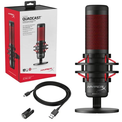 Microfone HyperX Quadcast Podcast, LED, Antivibração, Preto e Vermelho - HX-MICQC-BK