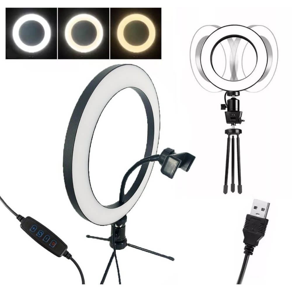 Kit  2 Ring Lights de Mesa com Tripé Suporte para Celular Diâmetro de 16cm e  26cm