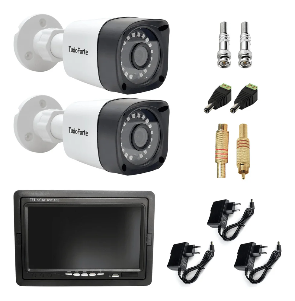 Imagem 1 de 5 do produto Kit 02 Câmeras Infra Bullet, Tela Monitor 7 Polegadas Lcd Colorido  e Acessórios