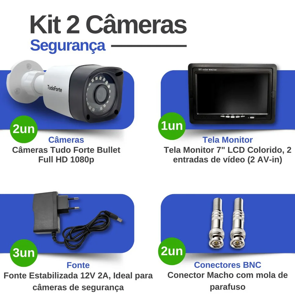 Imagem 4 de 5 do produto Kit 02 Câmeras Infra Bullet, Tela Monitor 7 Polegadas Lcd Colorido  e Acessórios