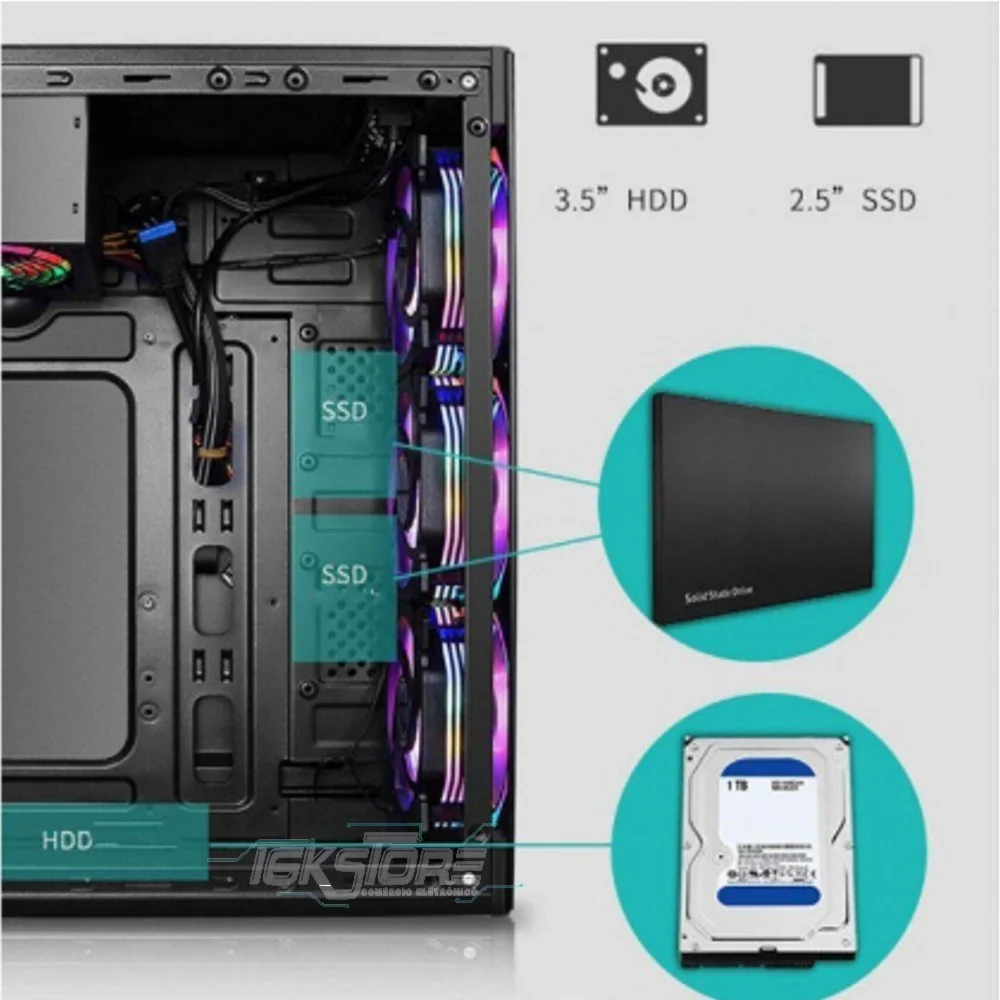 Imagem 2 de 5 do produto Gabinete Gamer Hayom C/ 4 Fans Rgb Lateral E Frontal Em Vidro Usb 3.0 - Gb1701
