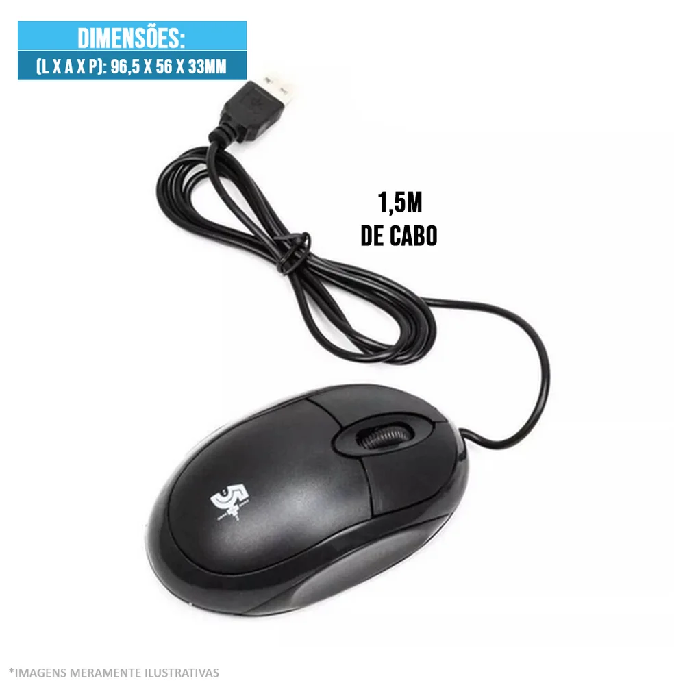 Mouse Usb 5+ 1000 Dpi, Preto, Office, Box - 015-0043 Mouse Usb 5+ 1000 Dpi, Preto, Office, Box - 015-0043