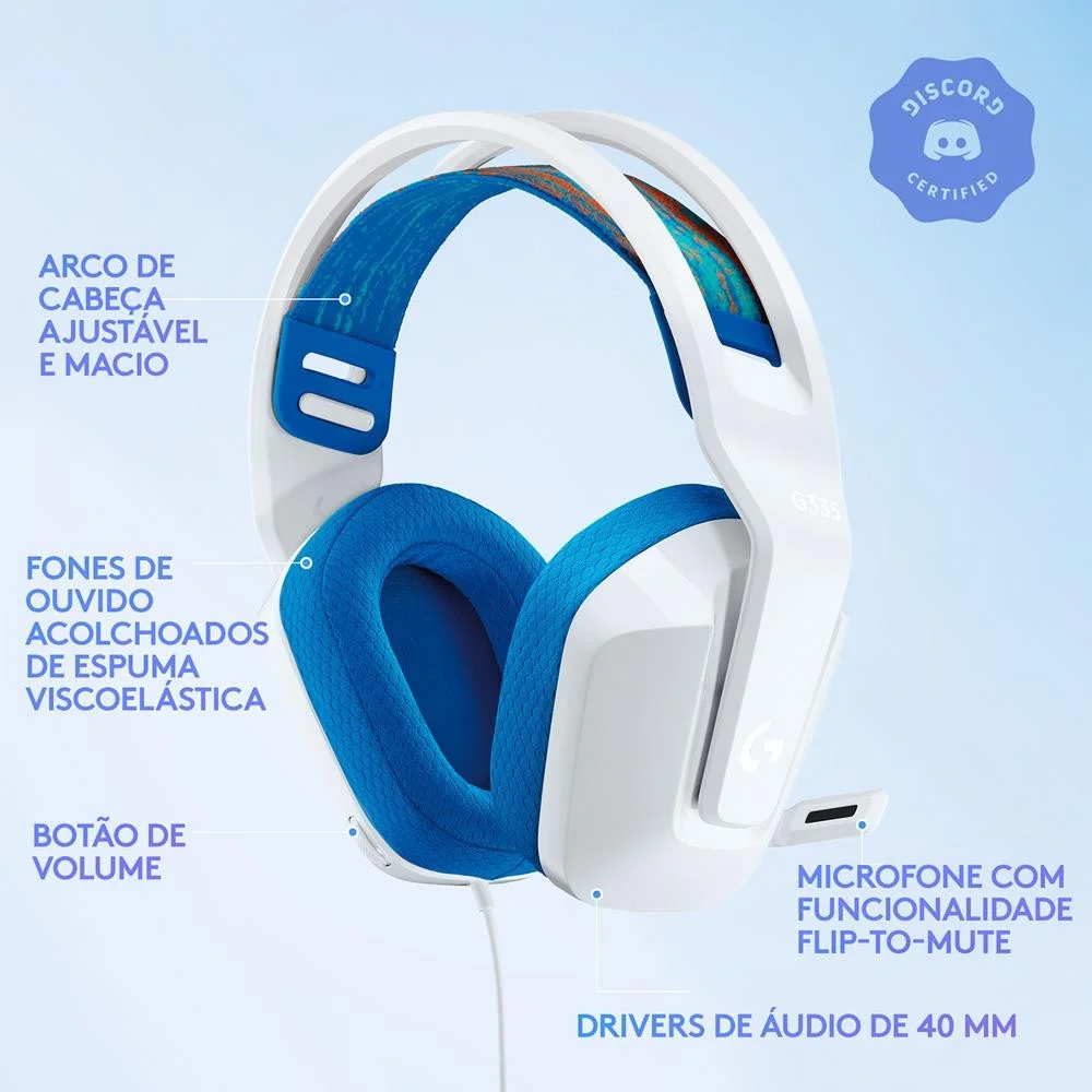 Imagem 3 de 5 do produto Headset Gamer Logitech G335, 40mm, P3, Compatibilidade PC, Xbox, Playstation, Nintendo Switch, e dispositivos móveis, Branco - 981-001017