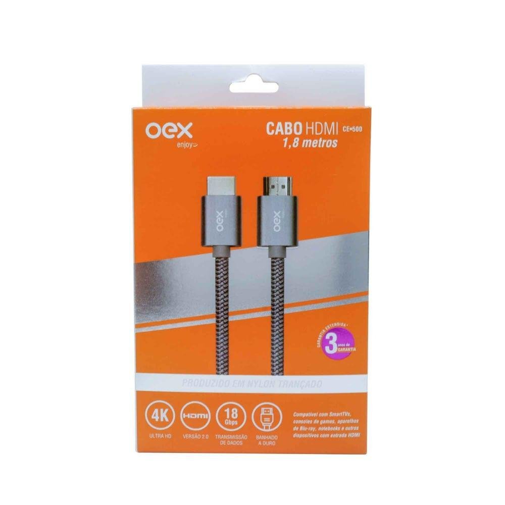 Cabo HDMI 2.0 Oex Ce500 Ultra HD, Nylon, Banhado Ouro, 1.8m