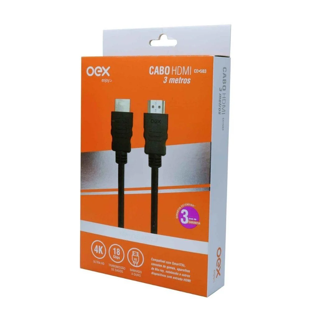 Imagem 2 de 2 do produto Cabo Hdmi 2,0 UltraHD Banhado Ouro 3 Metros Oex Ce503 Preto