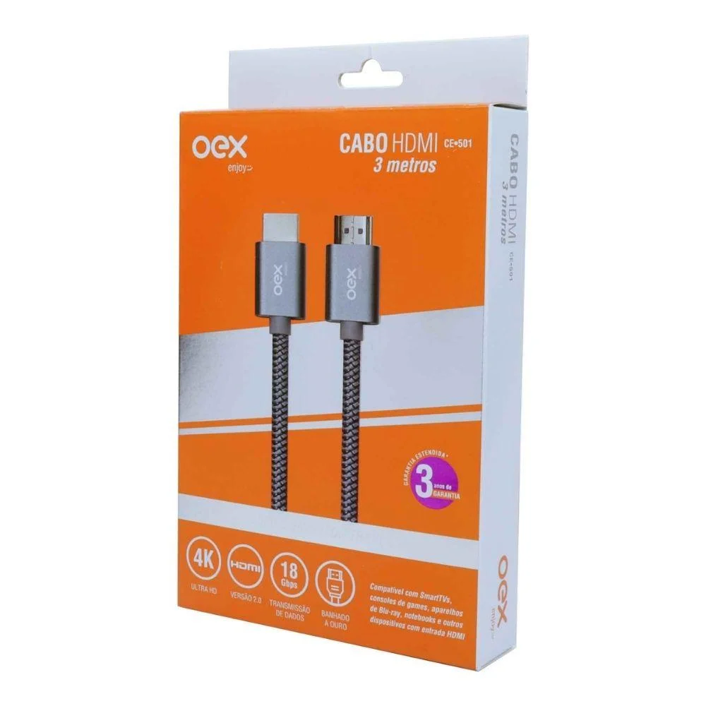 Imagem 2 de 2 do produto Cabo Hdmi 2,0 UltraHD Nylon Banhado Ouro 3 Metros Oex Ce501