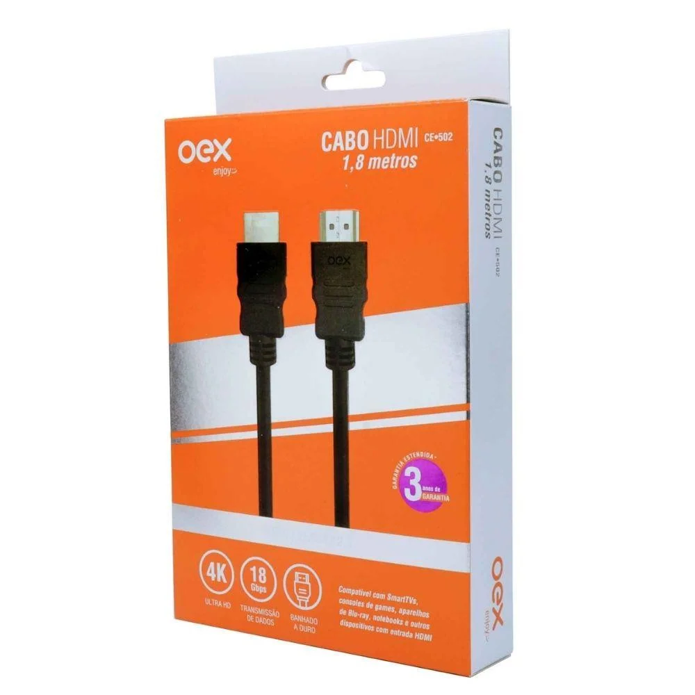Imagem 3 de 3 do produto Cabo Hdmi 2,0 UltraHD Banhado Ouro 1,8 Metros Oex Ce502 Preto