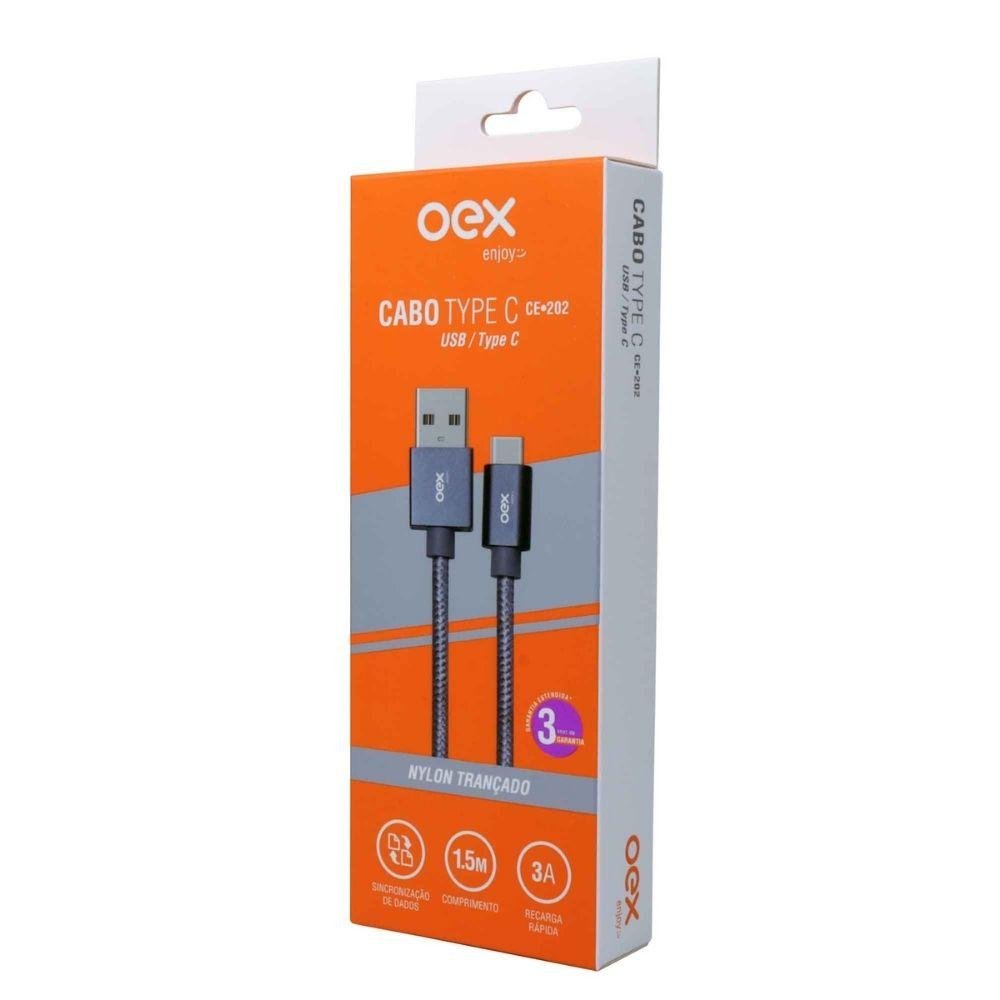 Cabo Carregador Usb E Type C Nylon Trançado Oex Ce202 1,5m Cinza