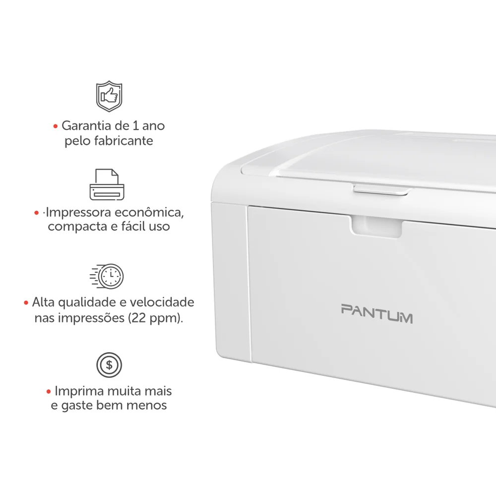 Imagem 2 de 5 do produto Impressora Laser Pantum Monocromática, USB 2.0, Duplex, 110V - P2509W
