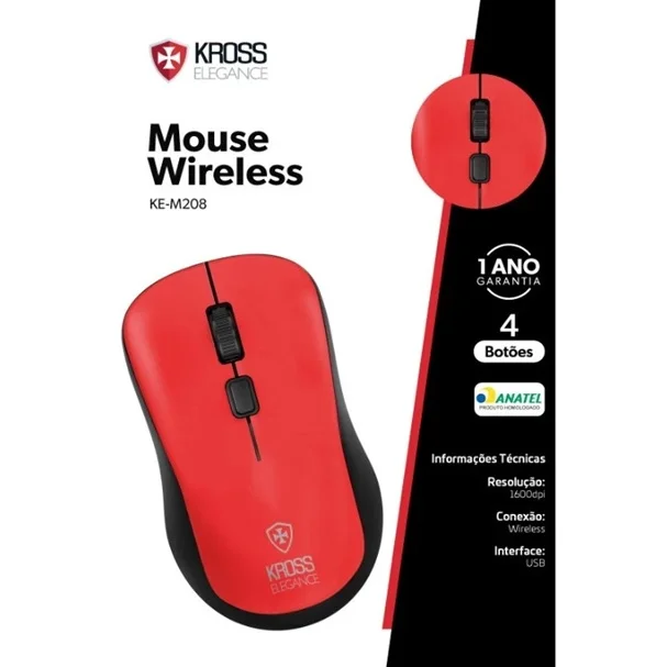 Imagem 4 de 5 do produto Mouse Sem Fio Kross USB, 1.600 DPI, Vermelho - Ke-m218
