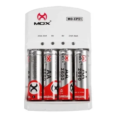 Carregador De Pilhas Mox Com 4 Pilhas Recarregáveis Aa 2600mah 110/220v