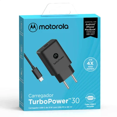 Carregador De Parede Motorola, Turbo Power 30W, Com Cabo USB-C, Bivolt
