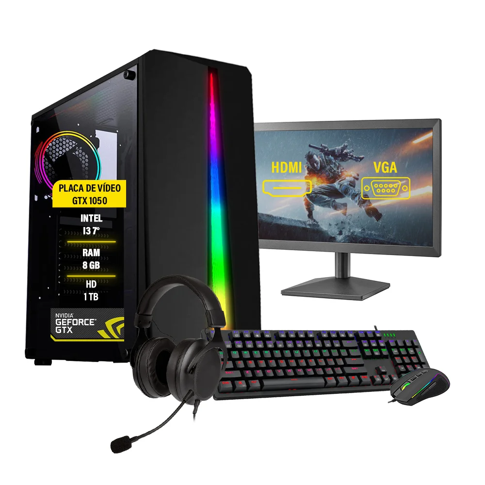 Pc Gamer Completo I3 7100, 8GB, Gtx 1050, HD 1TB, SSD 128GB, Monitor 21.5''