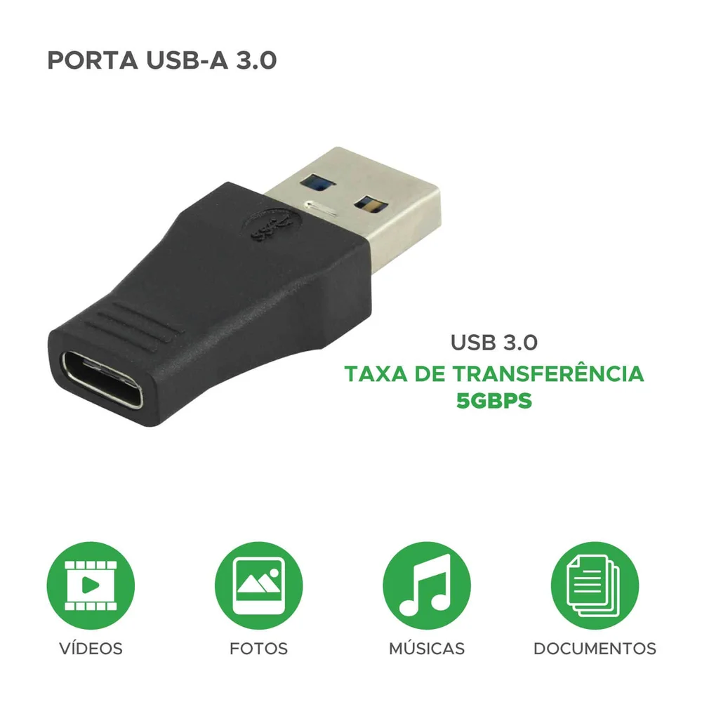 Imagem 2 de 5 do produto Adaptador USB 3.0 Macho Para USB-C, 5+, Plug And Play, Preto - 003-0142