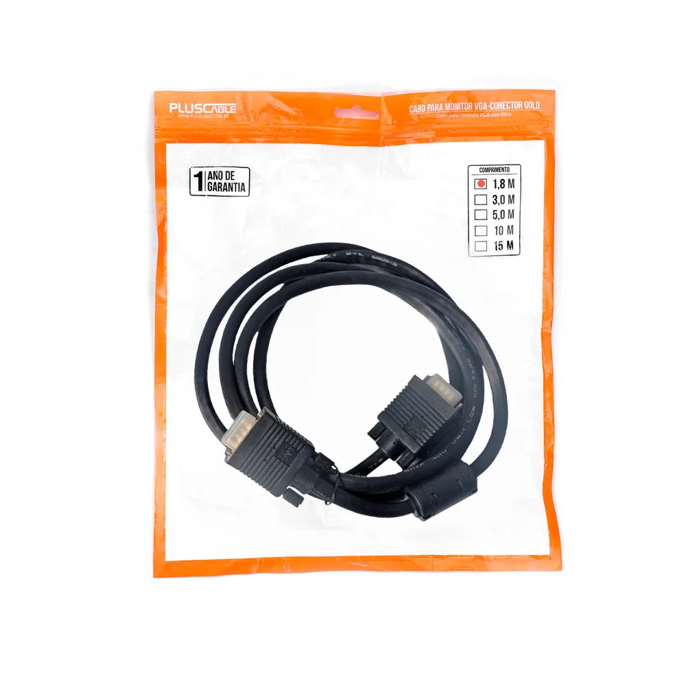 Imagem 4 de 4 do produto Cabo VGA Para Monitor Plus Cable, Conector Ouro, 1.8M - PC-MON1802