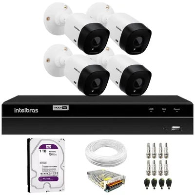Kit Intelbras 4 Câmeras HD 720P VHL 1120 B, DVR 1104 Intelbras Com HD 1TB, Acessórios