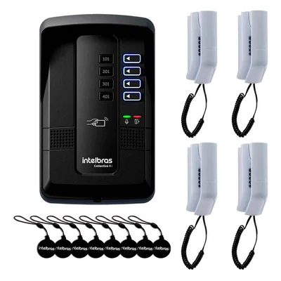 Kit Porteiro Eletrônico 4 Pontos  + Interfone Interno 4 Unidades + Cartão De Proximidade 8 Unidades