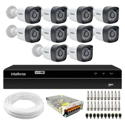Kit 10 Câmeras Tudo Forte Bullet Full Hd 1080p, Lente 2.8mm, Visão Noturna 20m, Ip66 + Dvr Intelbras Mhdx 1216 Full Hd 16 Canais Multi Hd
