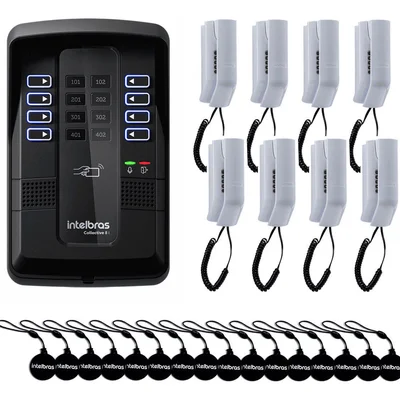 Kit Porteiro Eletrônico Coletivo de 8 Pontos - Central Collective 8 Intelbras / Interfone Interno 8 Unidades / Cartão de Proximidade 16 Unidades