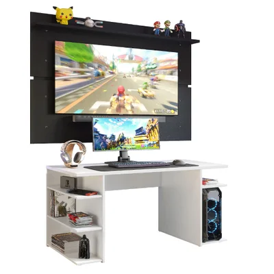 Mesa Para Computador Gamer E Painel TV, Madesa, Branco/Preto