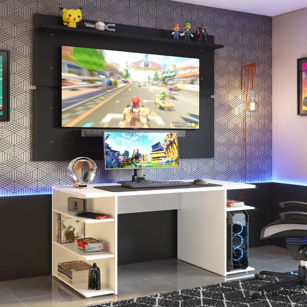 Imagem 2 de 5 do produto Mesa Para Computador Gamer E Painel TV, Madesa, Branco/Preto
