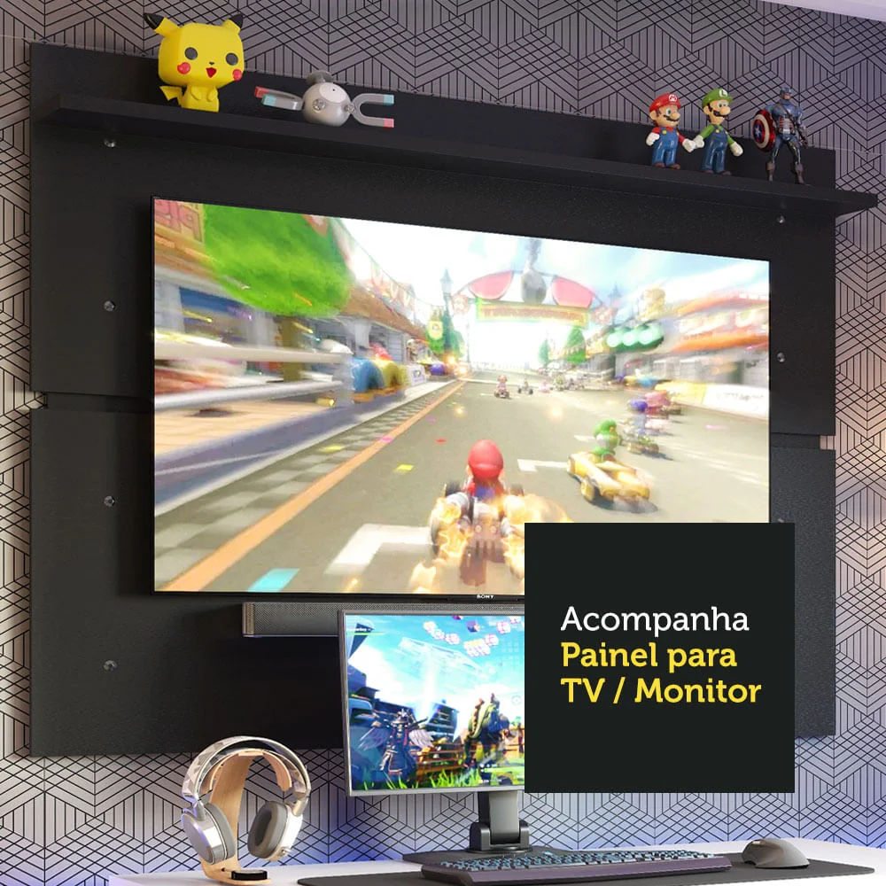 Imagem 4 de 5 do produto Mesa Para Computador Gamer E Painel TV, Madesa, Branco/Preto