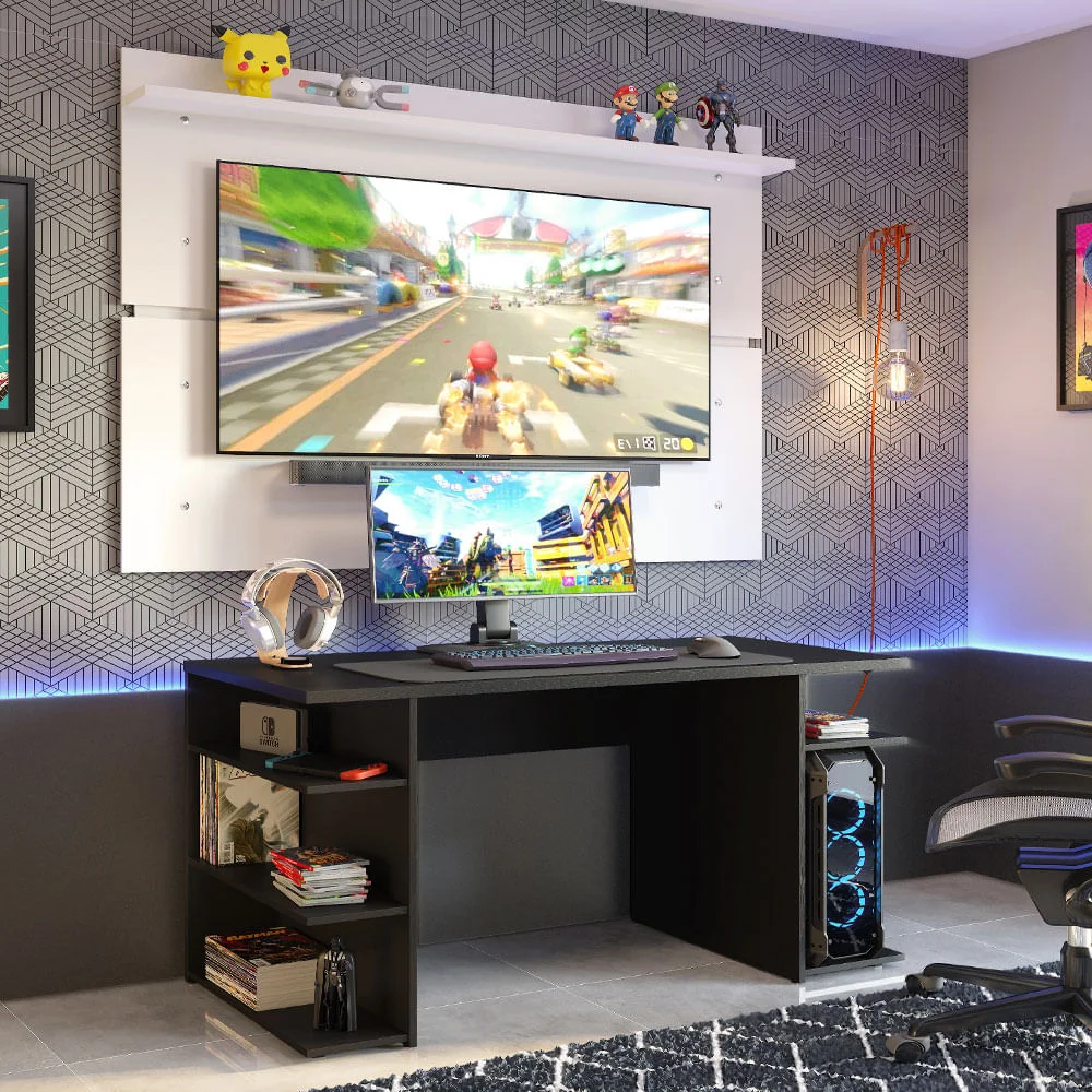 Imagem 2 de 5 do produto Mesa Para Computador Gamer E Painel TV, Madesa, Preto/Branco