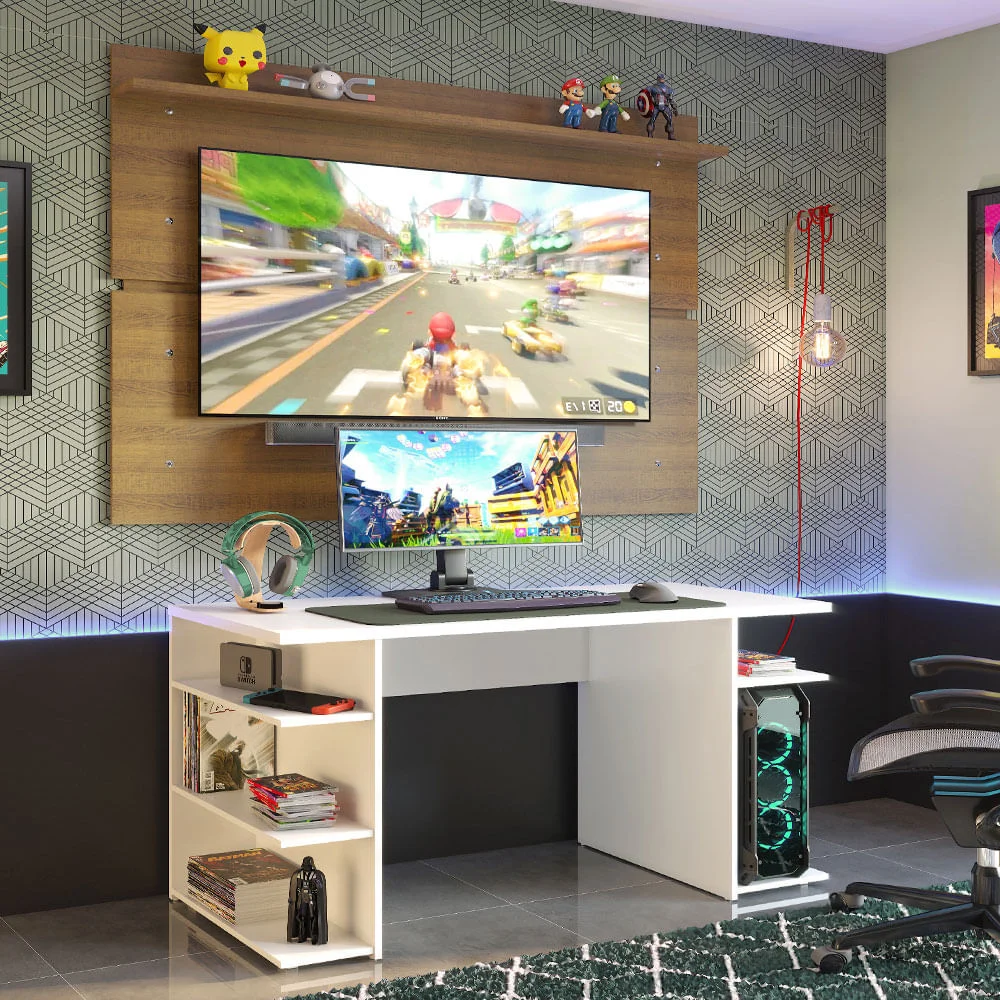 Imagem 2 de 5 do produto Mesa Para Computador Gamer E Painel TV, Madesa, Branco/Rustic