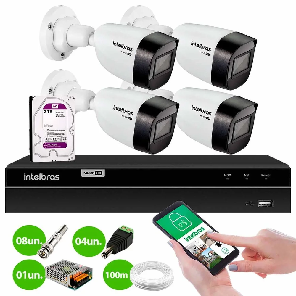 Imagem 3 de 5 do produto Kit 4 Câmeras Intelbras Vhd 1130 B Hd 720p Bullet Lente 2.8mm Visão Noturna 30m Resistente À Chuva Ip67 + Dvr Intelbras Mhdx 1204 4 Canais + Hd 2TB