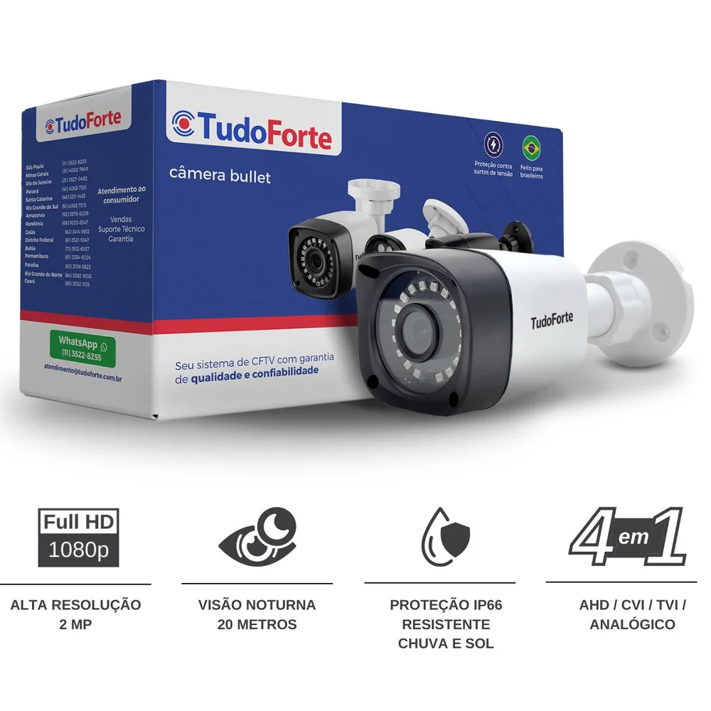Câmera De Segurança Tudo Forte Full Hd 1080p 2mp Bullet Com Visão Noturna De 20 Metros + Acessórios Para Instalação