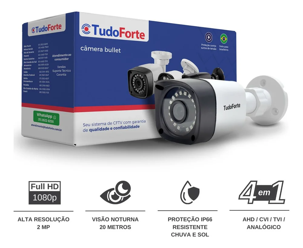 Câmera De Segurança Tudo Forte Full Hd 1080p 2mp Bullet Com Visão Noturna De 20 Metros + Acessórios Para Instalação