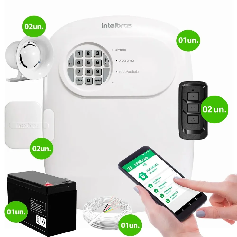 Kit Central De Alarme Anm 24 Net Intelbras + 2 Sensores Xas 4010 Smart + Bateria + Sirene + Cabo Kit Central De Alarme Anm 24 Net Intelbras + 2 Sensores Xas 4010 Smart + Bateria + Sirene + Cabo