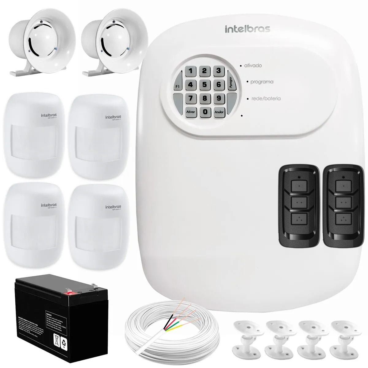 Kit Central De Alarme ANM 24 Net Intelbras, 4 Sensores IVP 3000 CF, Bateria, Sirenes, Cabo