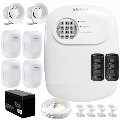 Kit Central De Alarme ANM 24 Net Intelbras, 4 Sensores IVP 3000 CF, Bateria, Sirenes, Cabo