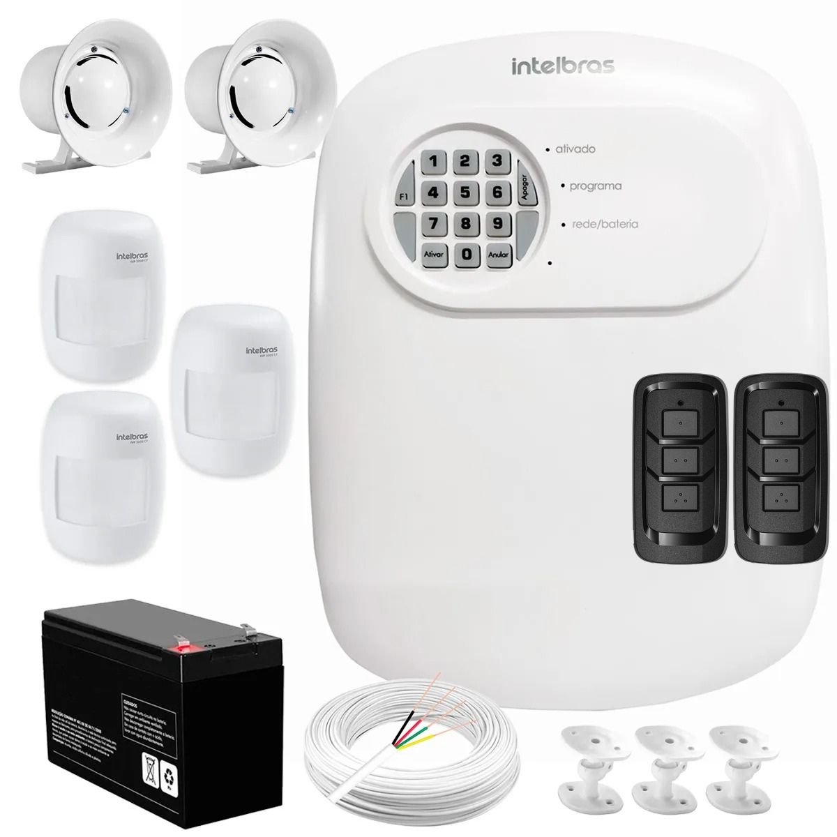 Kit Central De Alarme Anm 24 Net Intelbras + 3 Sensores Ivp 3000 Cf + Bateria + Sirenes + Cabo