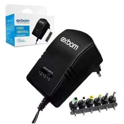 Fonte Exbom Flex Universal Regulável, Ac 3V, 4.5V, 6V, 7.5V, 9V, 12V, 3a, 3a, Com6 Plugues, 30W - FX-FU4
