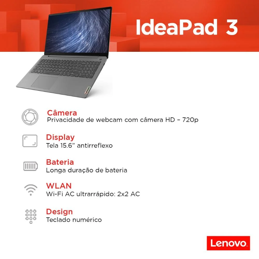 Imagem 5 de 5 do produto Notebook Lenovo Ultrafino Ideapad 3 R5-5500u, 8GB, 256GB SSD, Linux 15.6", Cinza - 82mfs00100