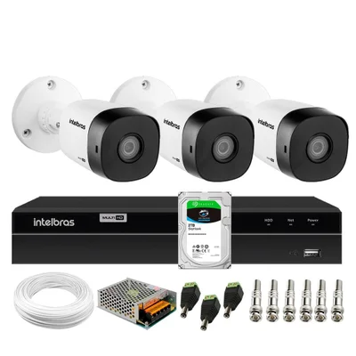 Kit 3 Câmeras Bullet Hd 720p Vhl 1120 B Infra 20m Dvr Gravador Intelbras Mhdx 1204 4 Canais 2TB Sky