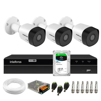 Kit 3 Câmeras Bullet Hd 720p Vhd 3130 B Ip67 Dvr Gravador Intelbras Mhdx 1204 4 Canais 2TB Sky