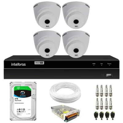 Kit 4 Câmeras Dome Hd 720p Vhl 1120 D 3,6mm Ir 20 Dvr Gravador Intelbras Mhdx 1204 4 Canais 2TB Sky