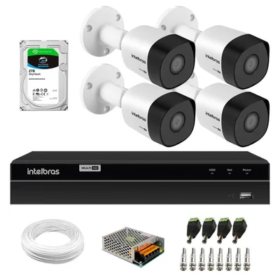 Kit 4 Câmeras Bullet HD 720P VHD 3130 B Ip67 DVR Gravador Intelbras Mhdx 1204 4 Canais 2TB Sky