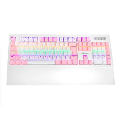 Teclado Gamer Knup KP-TE102 LED Rainbow, 107 Teclas ABNT2, Anti-Ghosting, Apoio de Punho, Removível USB, Branco E Rosa